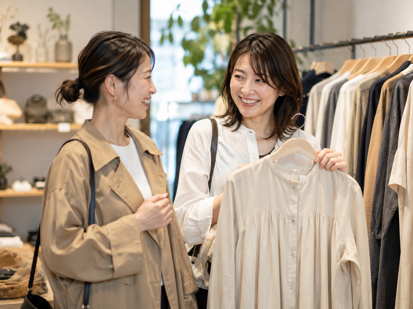 ブティックで服を選ぶ2人の女性